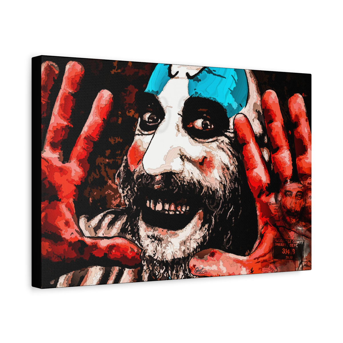 Don't Turn Your Back canvas, angled side view: grinning clown with blue-and-white face paint and red hands