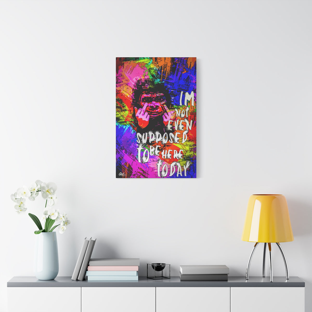 Not Even Supposed to Be Here large canvas on a white wall above a console, neon pop-art ape over bold halftone color