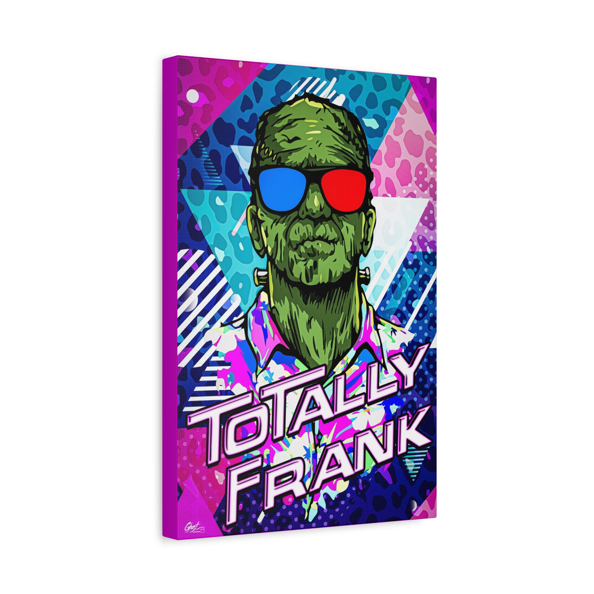 Monster Vibes canvas, angled view of the gallery-wrapped edge: green monster in red-and-blue 3D glasses and a tropical shirt