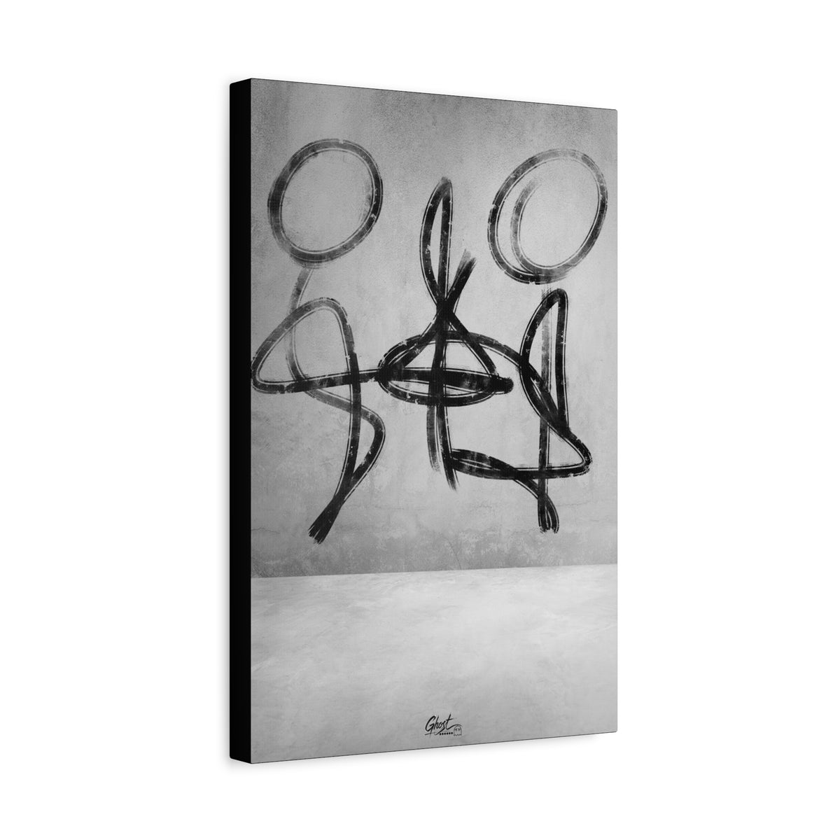 Infinity canvas, angled view of the gallery-wrapped edge: looping black-and-white brushstroke figures in balance