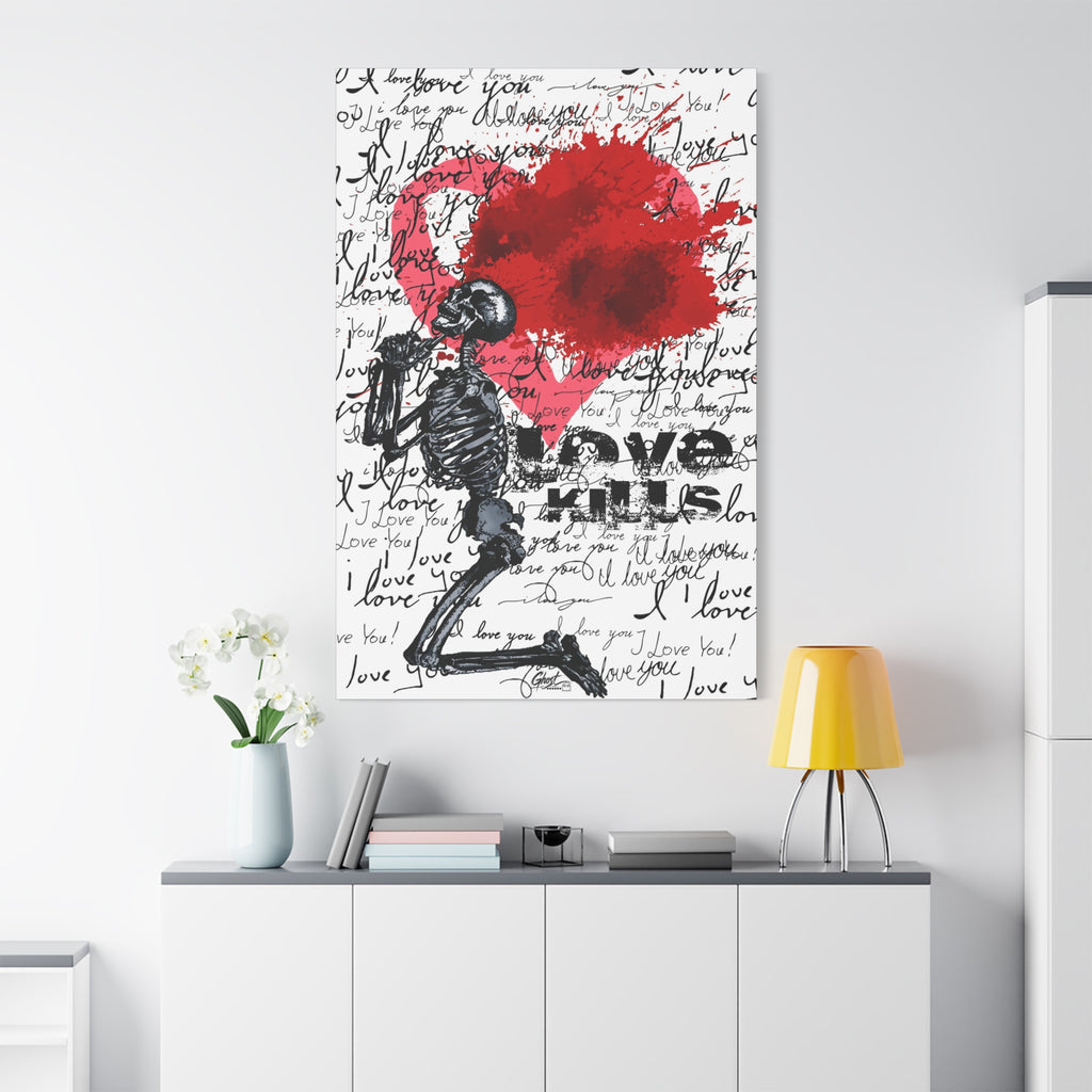 Love Kills large canvas on a white wall over a sideboard, black linework skeleton with red splatter heart