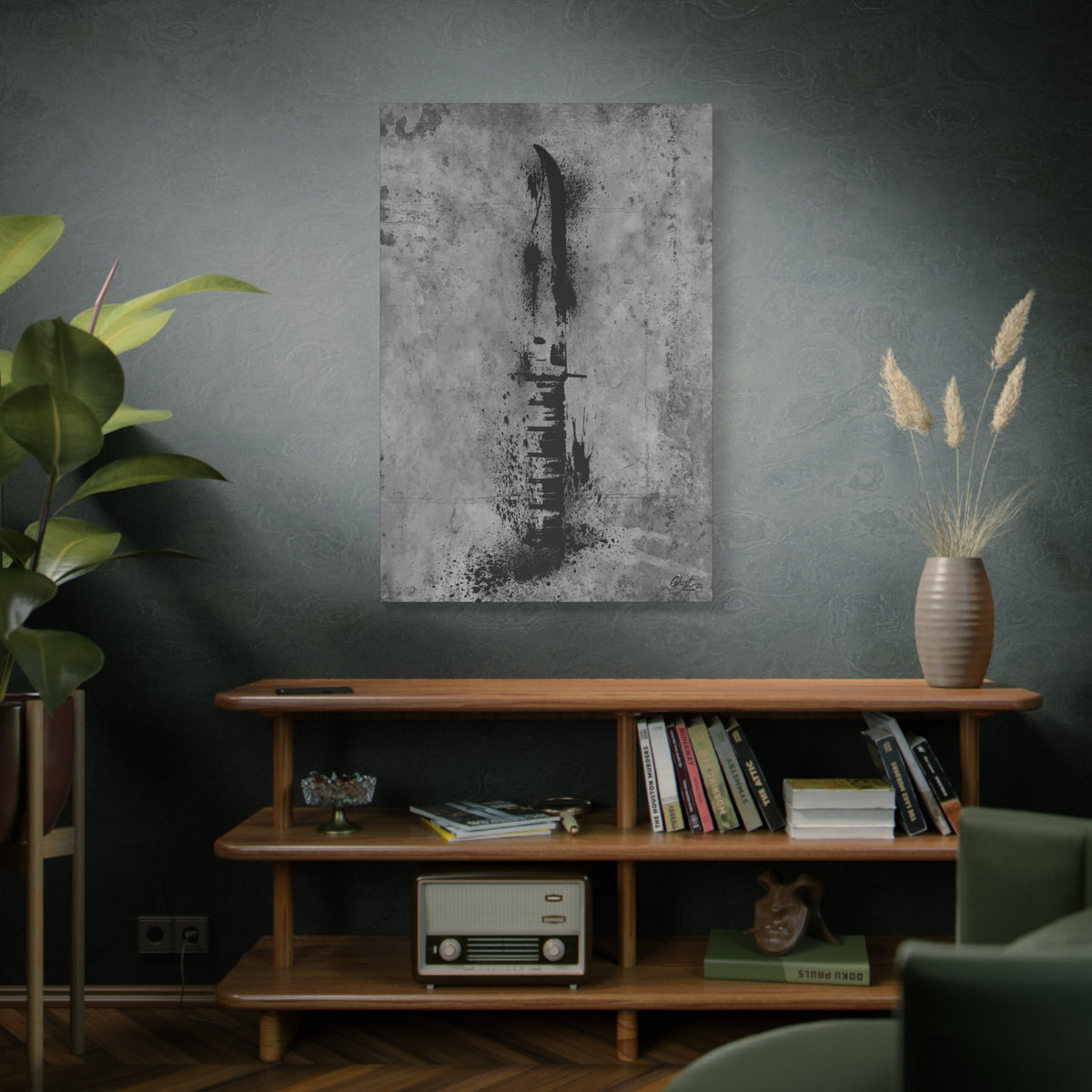 Marines BFF large canvas above a wooden bookshelf, Marine fighting knife in black ink spatter on concrete gray