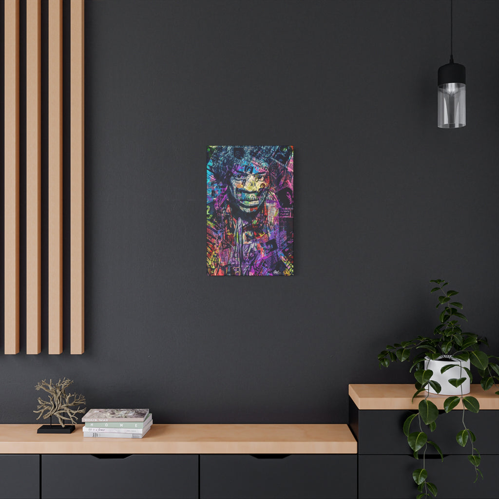 Purple Voodoo small canvas on a charcoal wall over an oak shelf, hazy music-collage portrait in deep blues