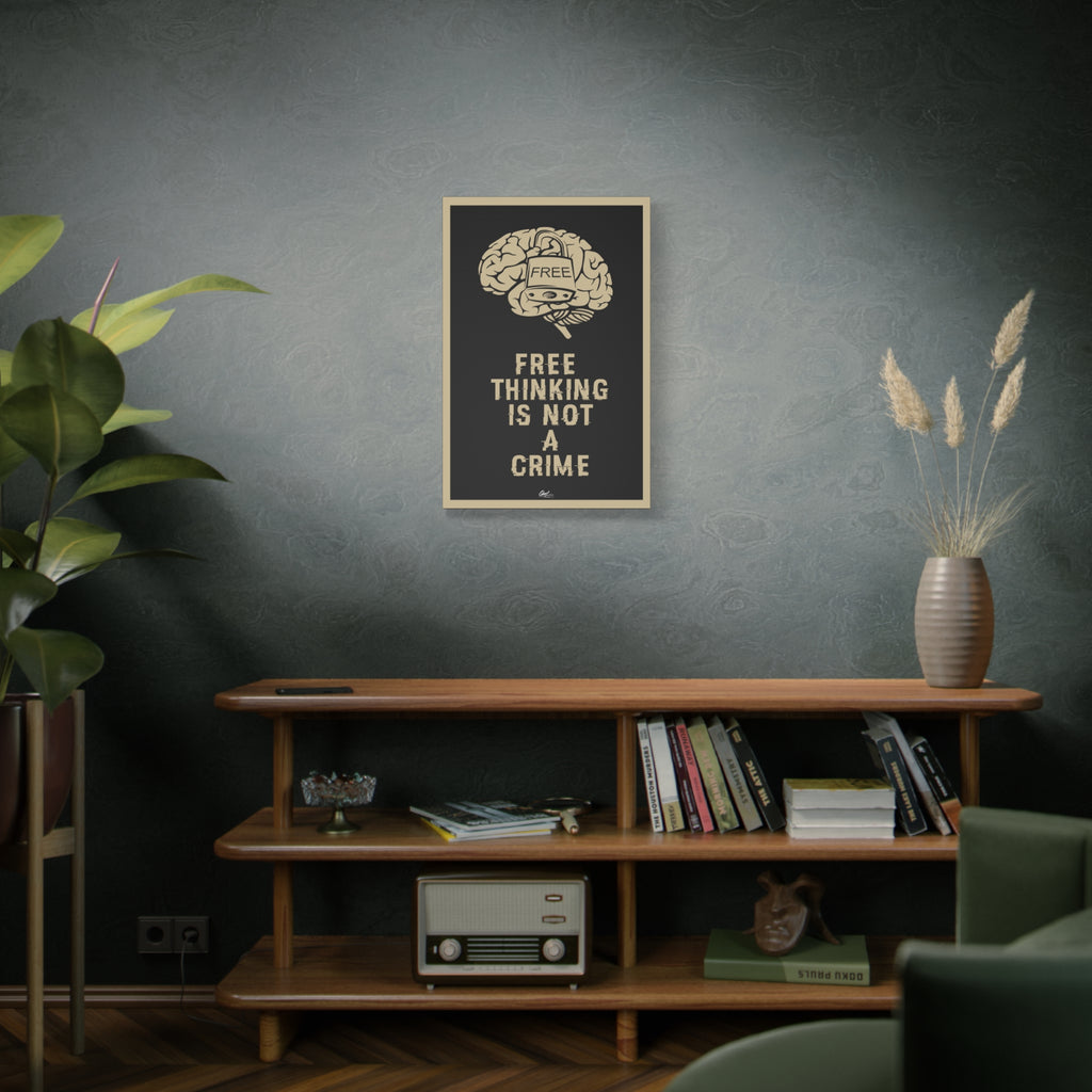 Free Thinking Is Not a Crime medium canvas on a green-gray wall over bookshelves, padlocked brain in beige on charcoal