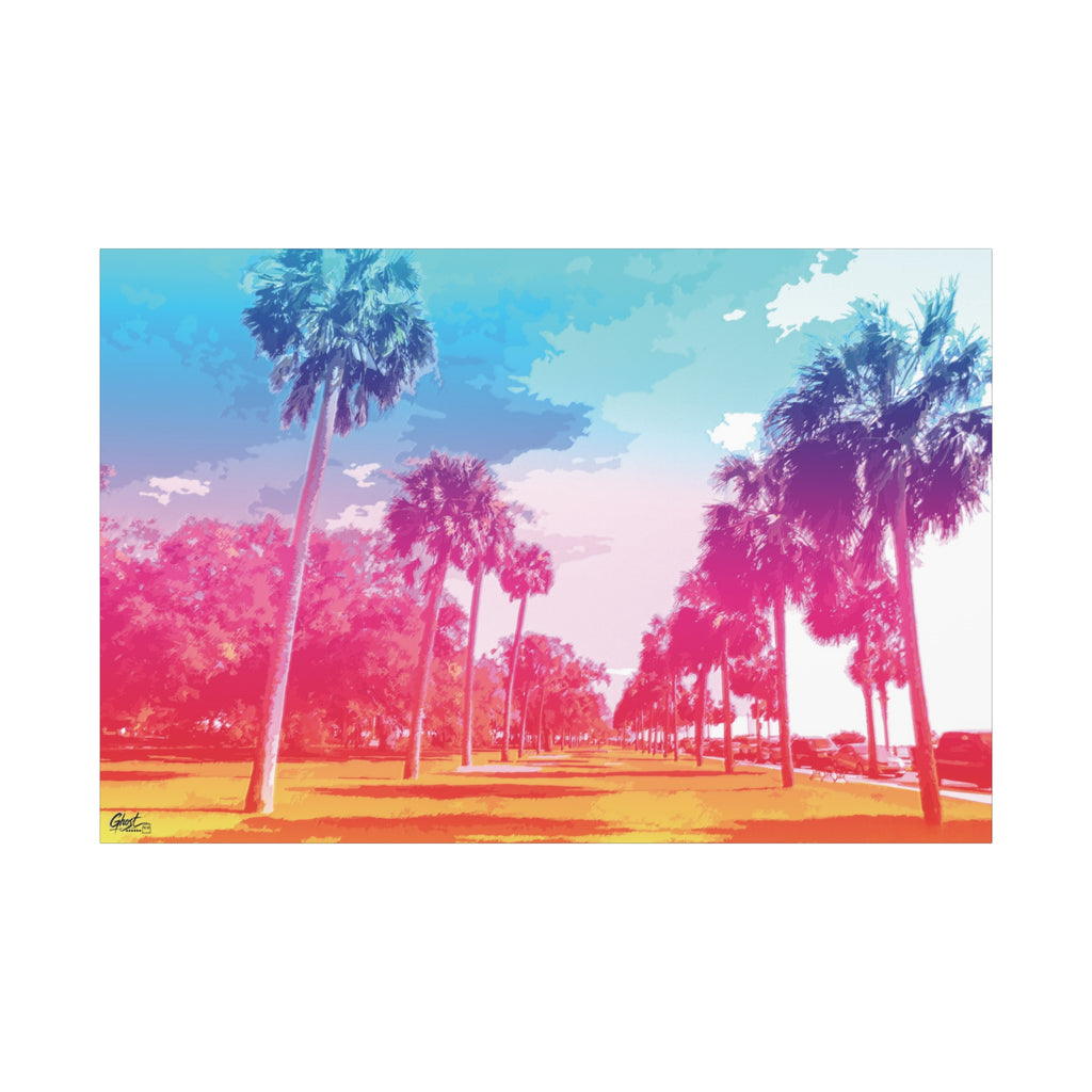 The Battery Tropical Edition canvas print, front view: palms in a pink and turquoise sunset, Charleston SC
