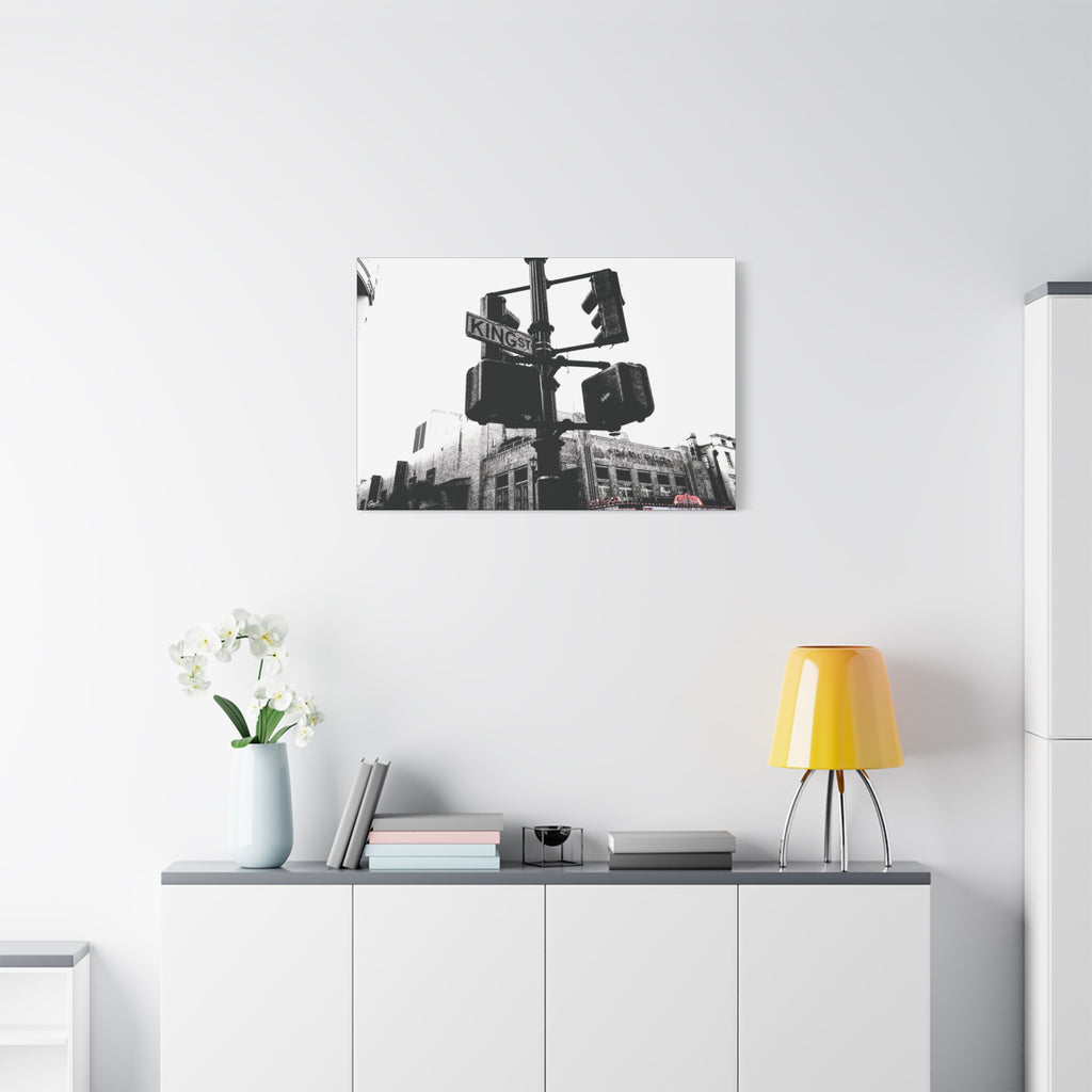 King St small canvas above a white sideboard and yellow lamp, King Street sign and traffic lights in vintage black and white