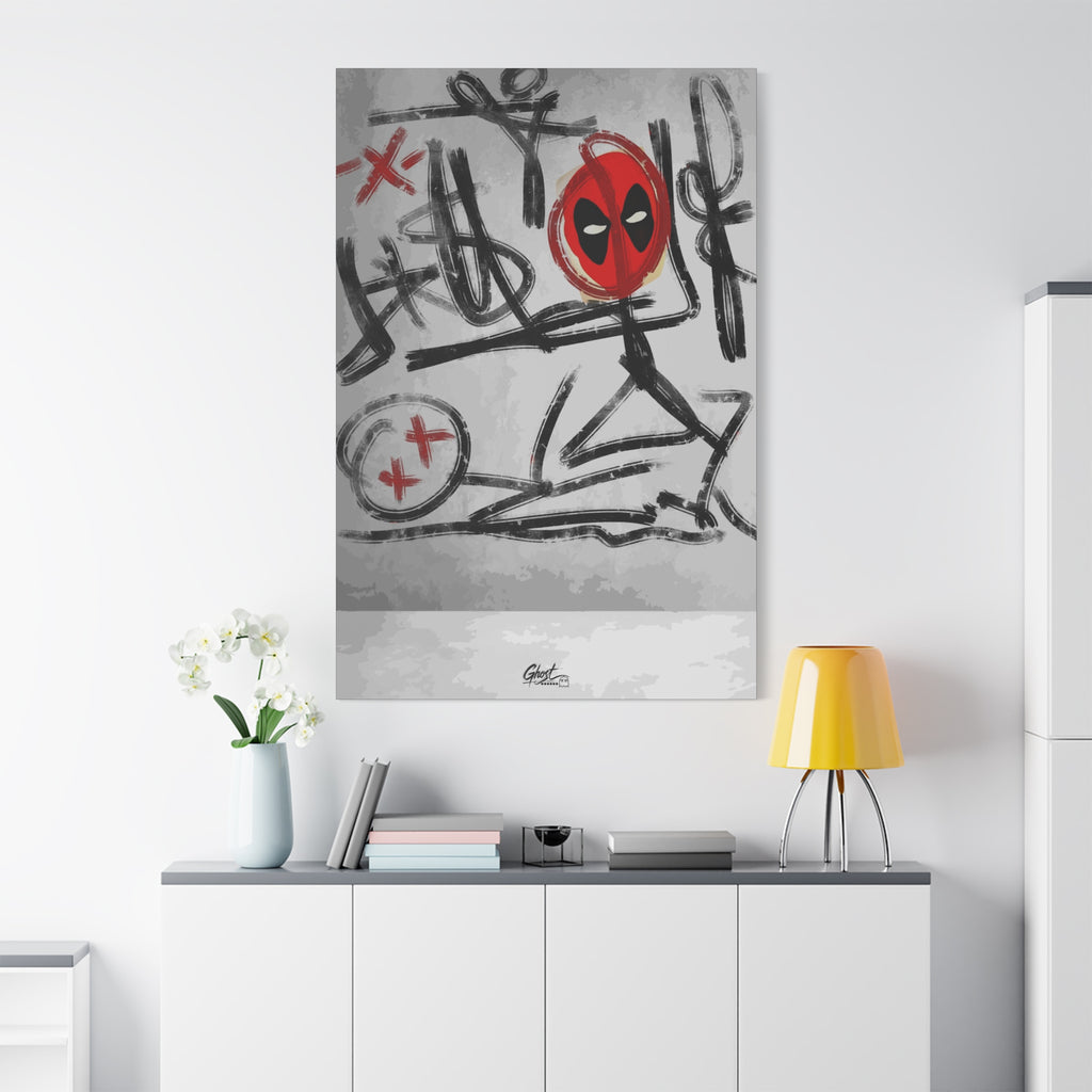 X'd Out large canvas on a white wall over a sideboard, gritty black-and-white strokes with red accents