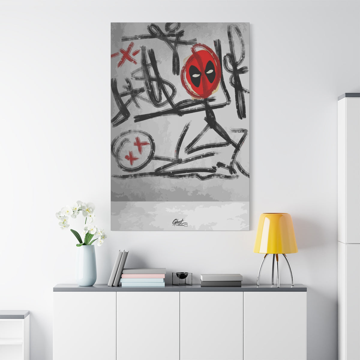 X'd Out large canvas on a white wall over a sideboard, gritty black-and-white strokes with red accents