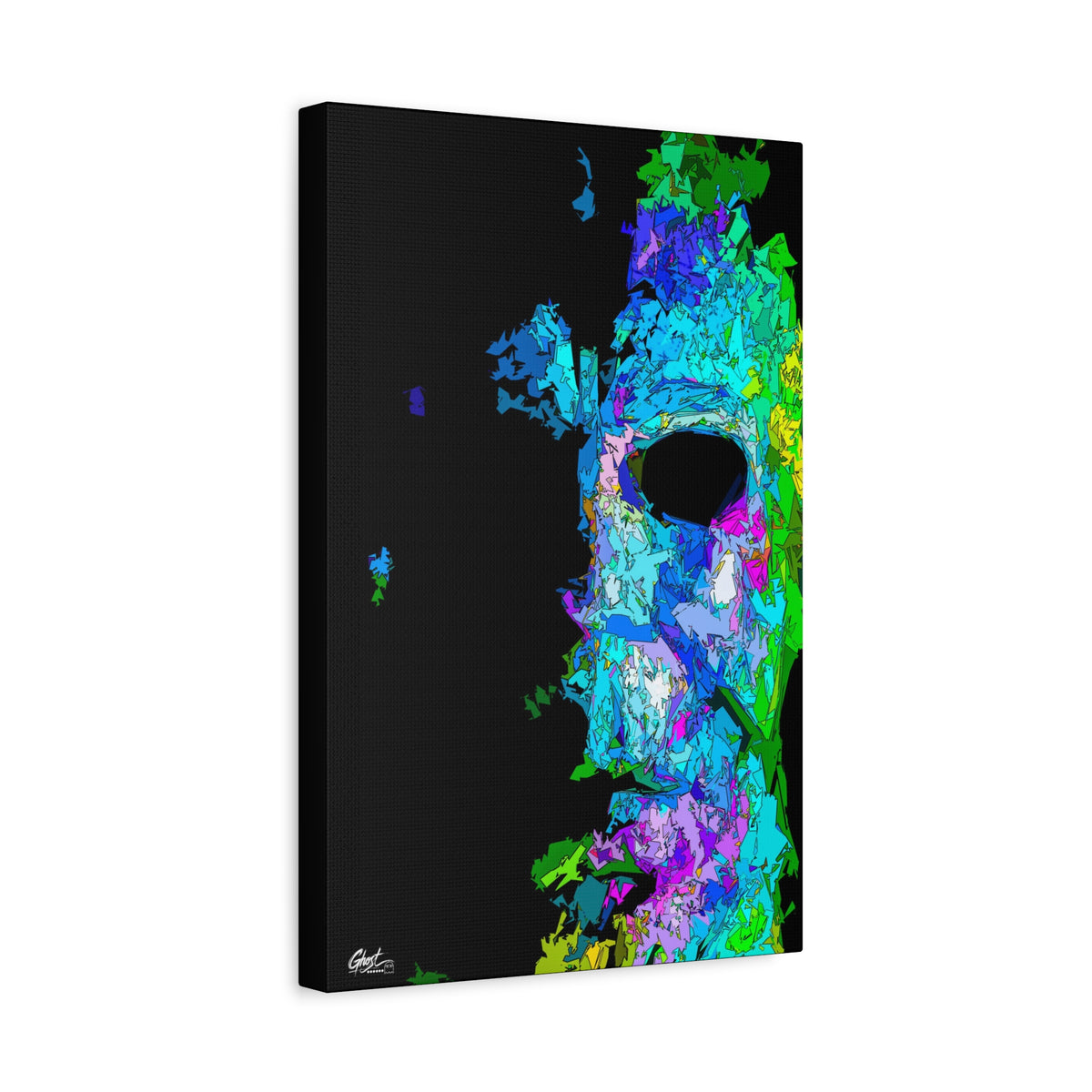 Stalk at Night, Prism Edition canvas, angled side view: pale mask built from neon blue, violet and green shards