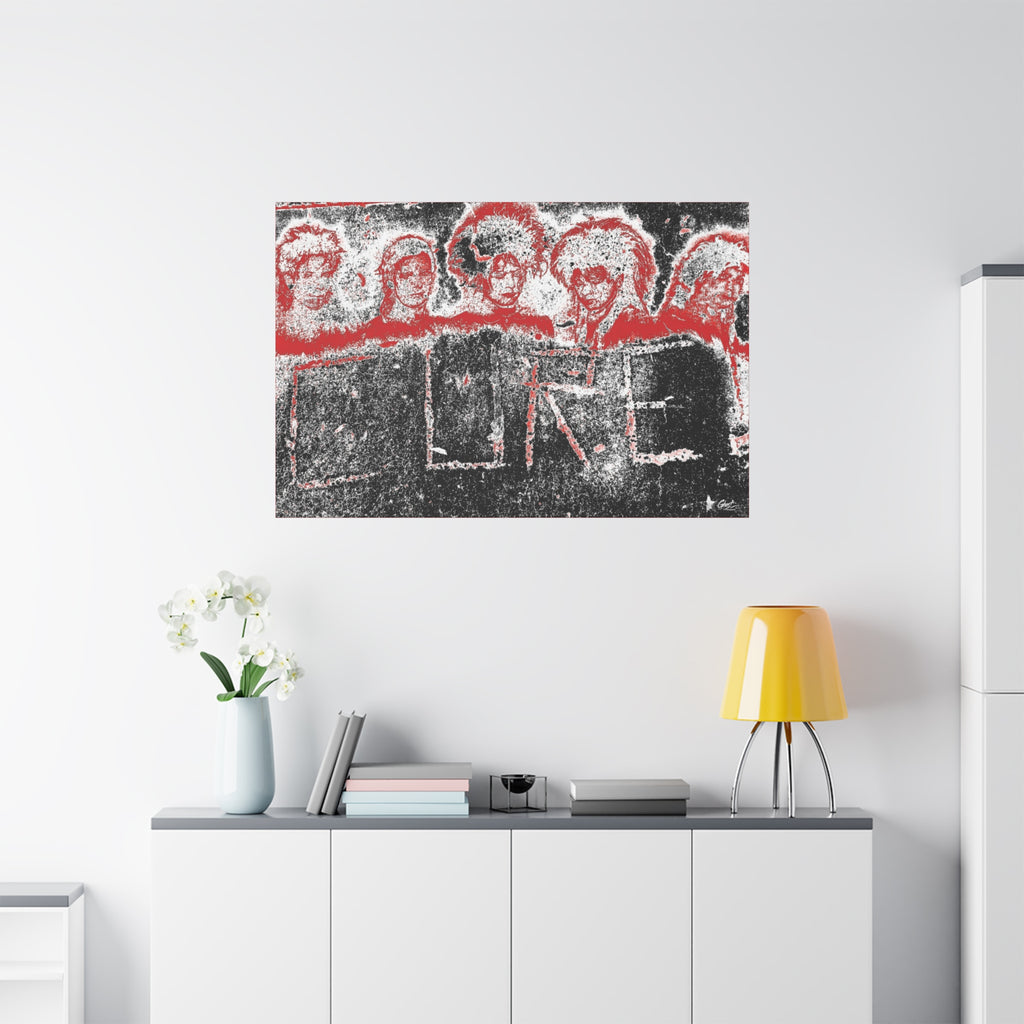 Lowcountry Medicine large canvas on a white wall over a sideboard, distressed red, black and white grunge lettering on concrete