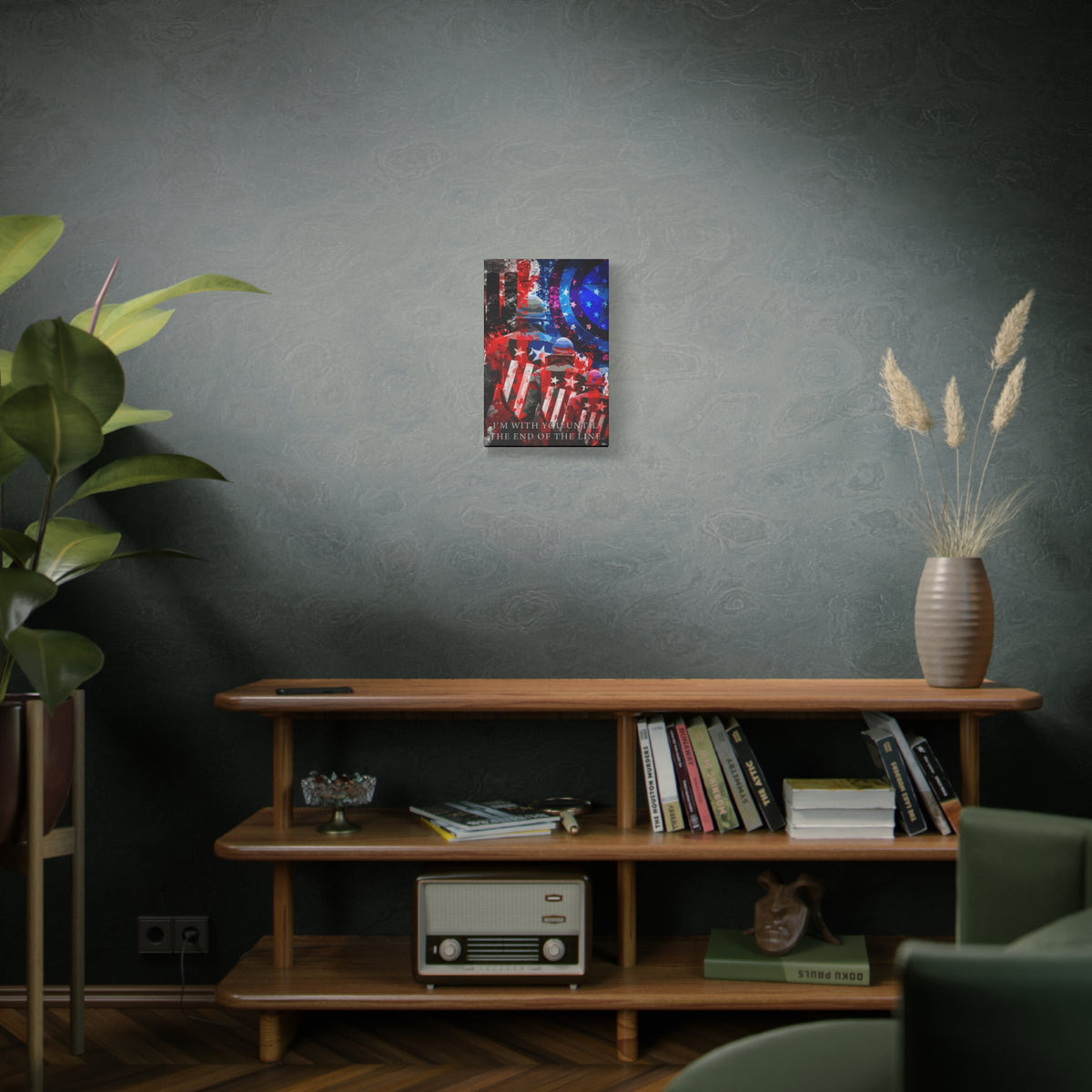 9/11 Never Forget small canvas above a wooden bookshelf, three figures with stars-and-stripes shields facing the Twin Towers