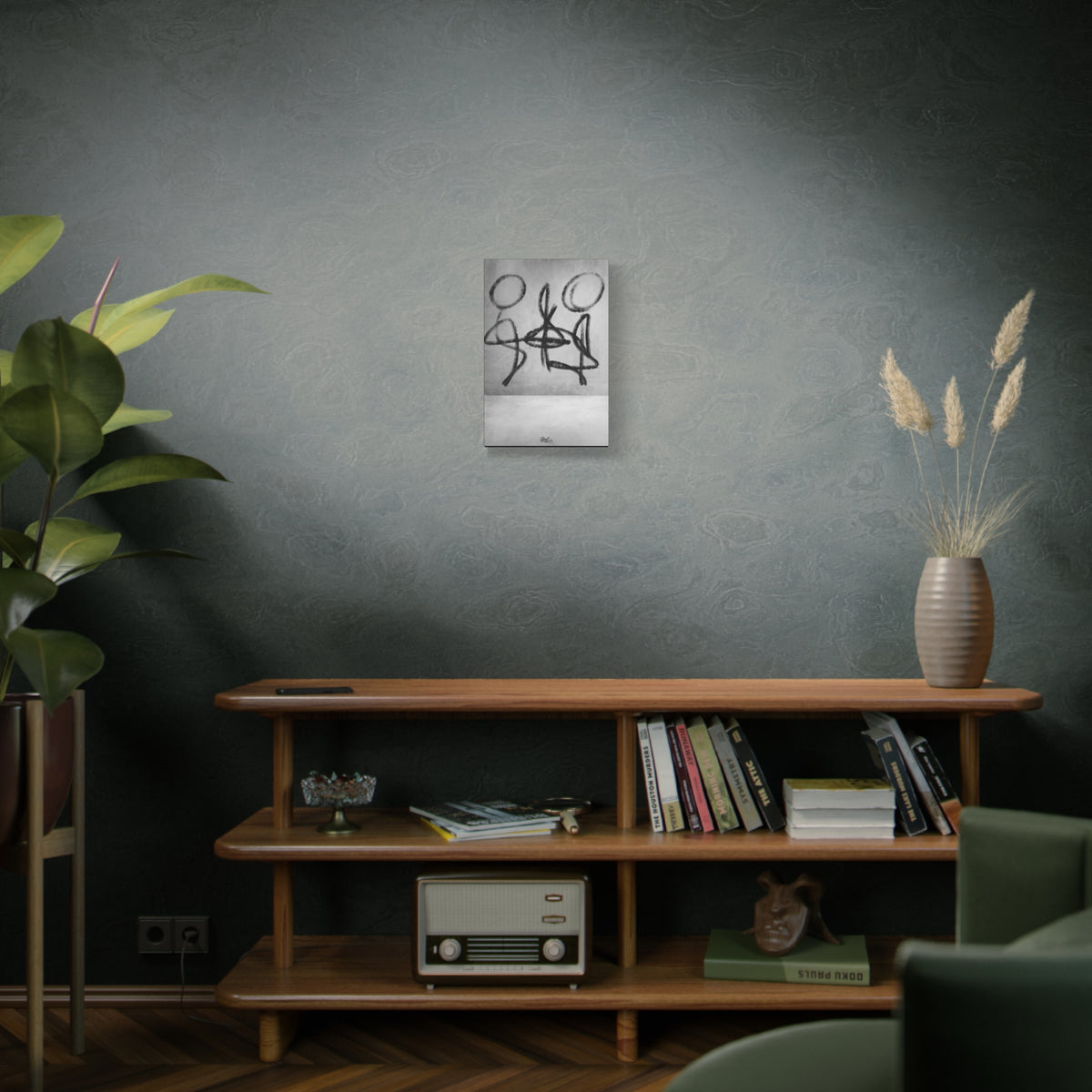 Infinity small canvas on a green-gray wall over bookshelves, gestural charcoal-style abstract figures