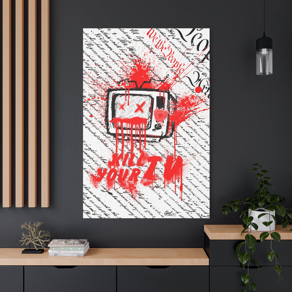 Kill Your TV oversized canvas on a charcoal wall by wood slats, hand-drawn TV with X eyes and bursting red paint