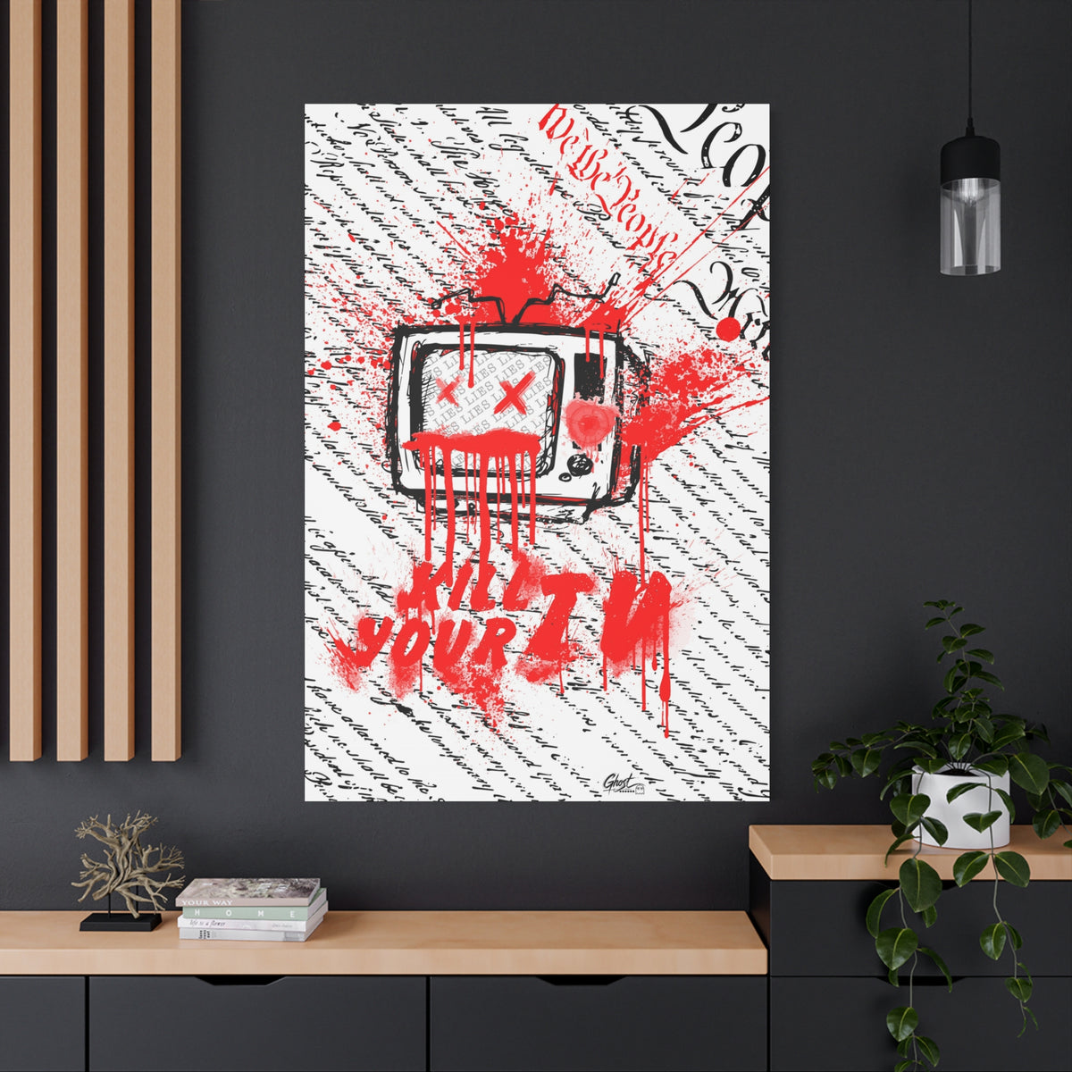 Kill Your TV oversized canvas on a charcoal wall by wood slats, hand-drawn TV with X eyes and bursting red paint