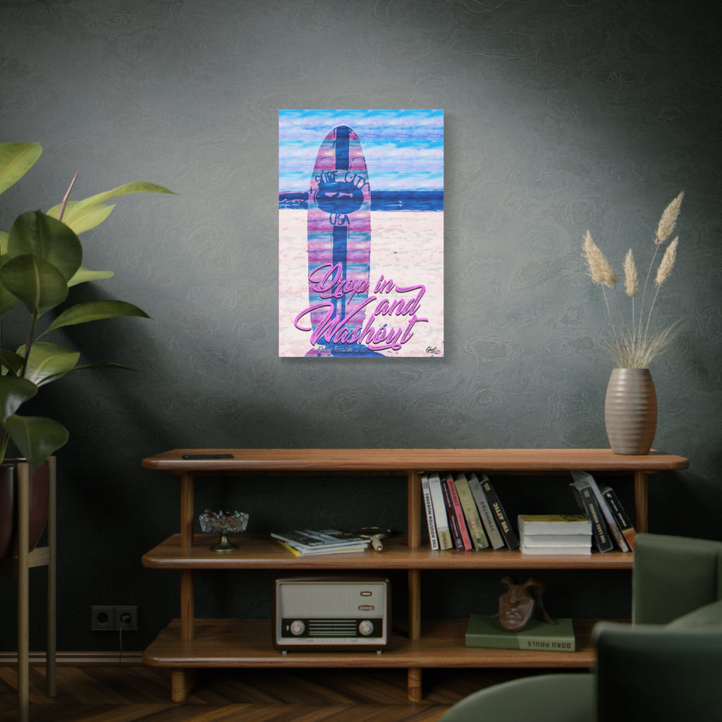 Drop In and Wash Out, Folly Beach canvas above a wooden bookshelf, sun-bleached surfboard art in soft pinks and blues