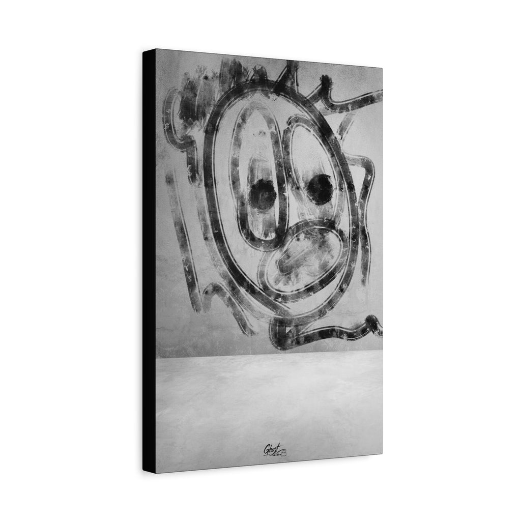 Thinking Out Loud canvas, angled view of the gallery-wrapped edge: graffiti-style screaming face in charcoal strokes on concrete