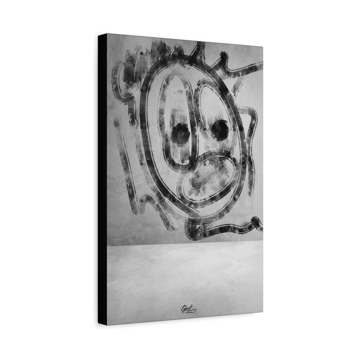 Thinking Out Loud canvas, angled view of the gallery-wrapped edge: graffiti-style screaming face in charcoal strokes on concrete
