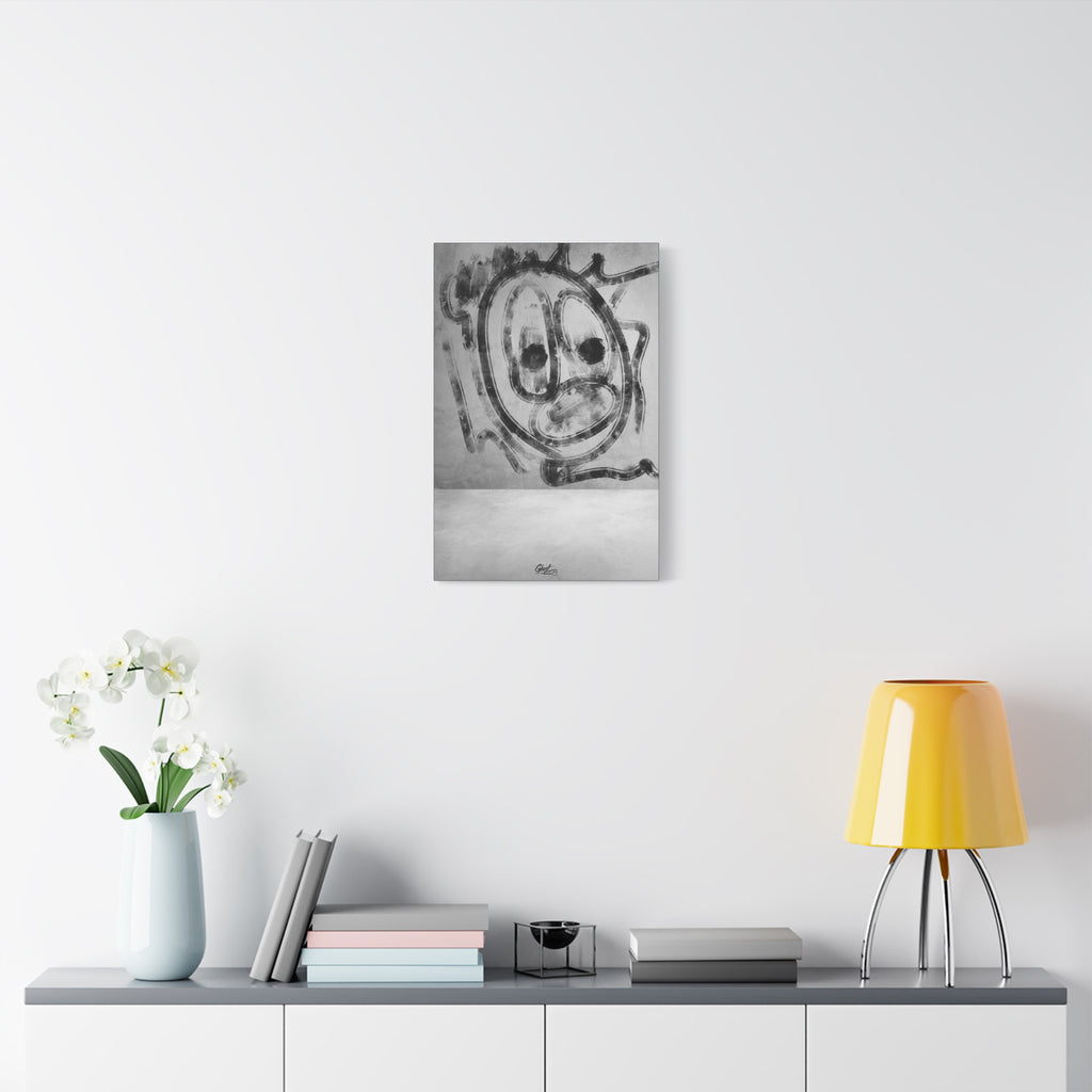 Thinking Out Loud small canvas over a console with white flowers, graffiti-style screaming face in charcoal strokes on concrete