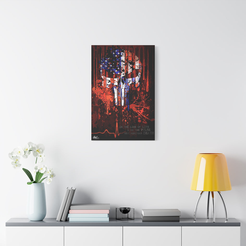 The Vigilante large canvas on a white wall above a console, red, white and blue flag skull on black
