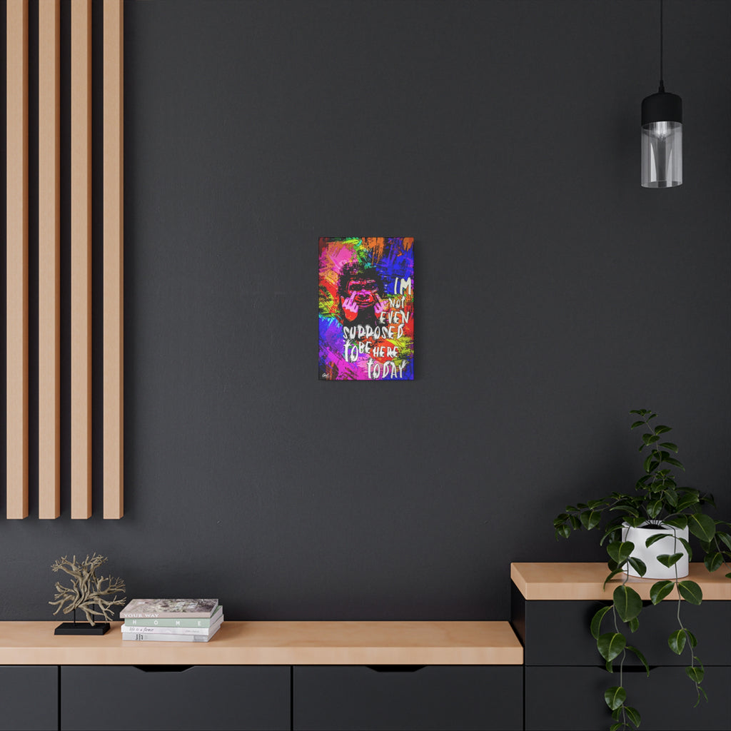 Not Even Supposed to Be Here small canvas on a charcoal wall by wood slats, grinning ape in hot pink and neon brushstrokes