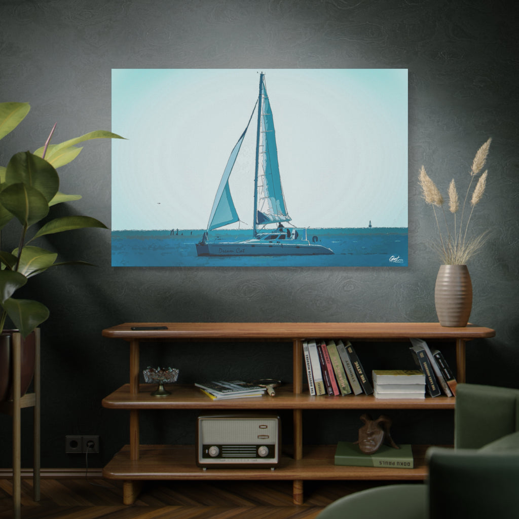 Freedom Sailing large canvas above a wooden bookshelf, lone sailboat on soft aqua and teal water