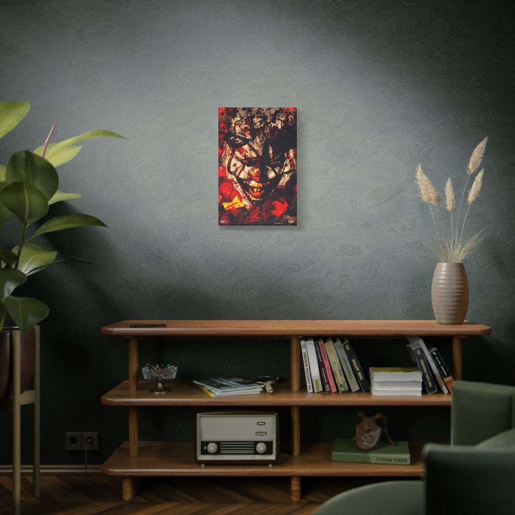 Down in a Drain medium canvas above a wooden bookshelf, grunge clown portrait with red splatter