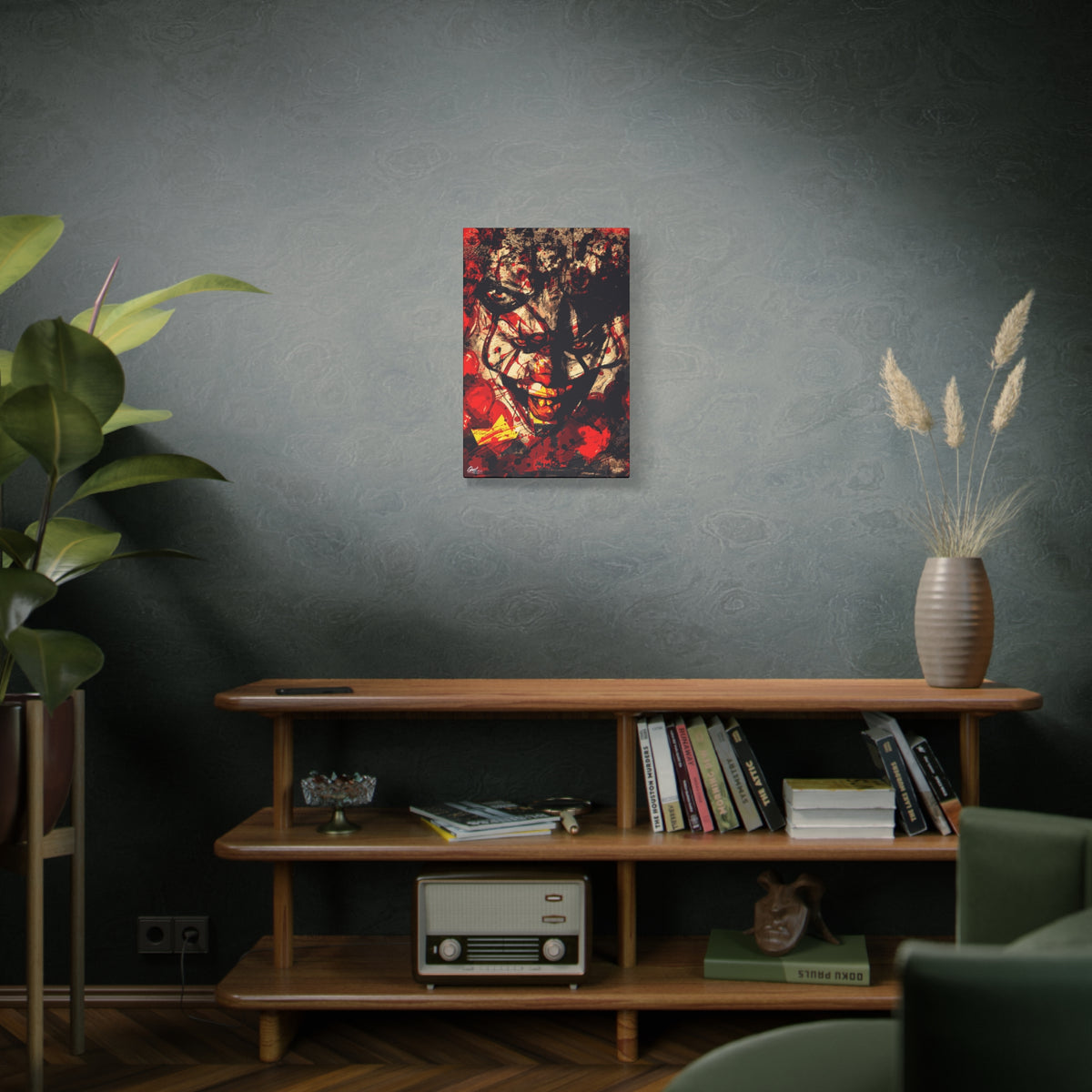 Down in a Drain medium canvas above a wooden bookshelf, grunge clown portrait with red splatter