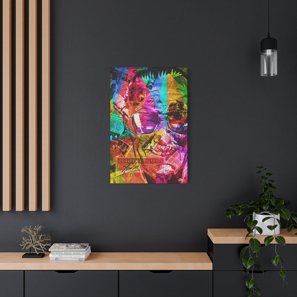 The Man the Myth the Legend medium canvas on a charcoal wall over an oak shelf, neon-banded collage portrait