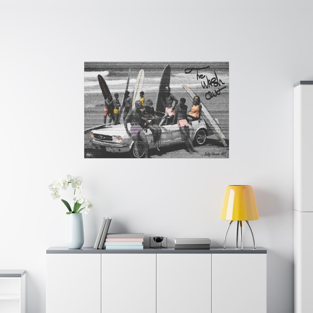 The Wash Out large canvas on a white wall over a sideboard, grainy beach-day photo with a surfboard-loaded convertible