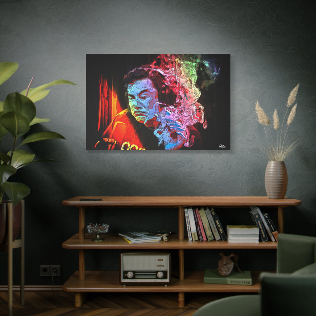 Launch Window large canvas on a green-gray wall over bookshelves, neon smoke cloud swirling from a dark portrait