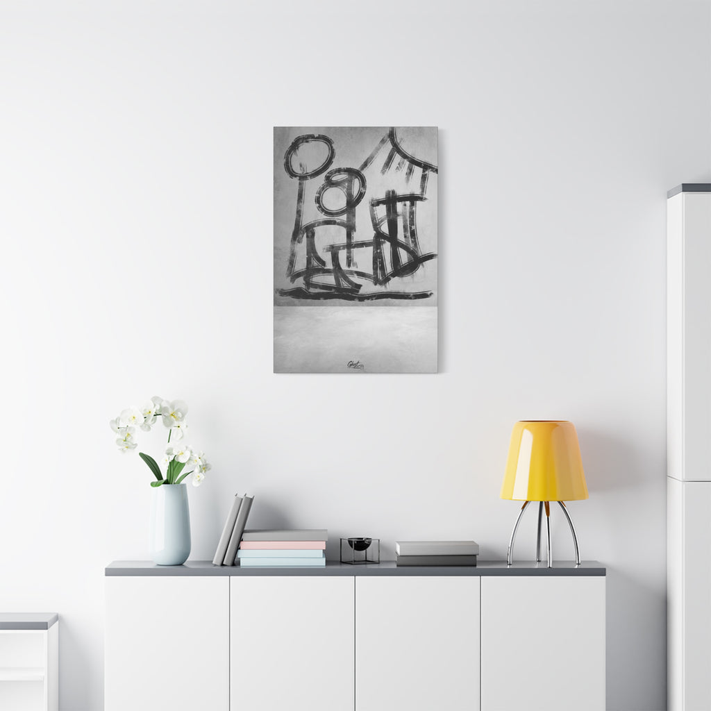 The Question small canvas above a white sideboard and yellow lamp, hand-brushed black arcs reading as figures and a horizon