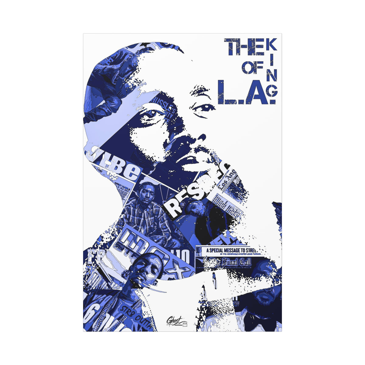 Crown of the Coast canvas, angled side view: indigo clipping-collage portrait with bold lettering