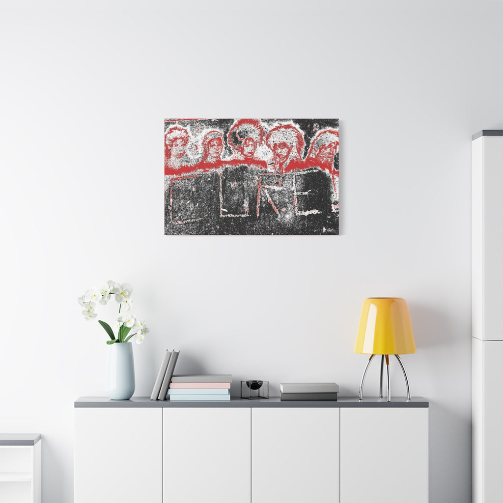 Lowcountry Medicine medium canvas above a white sideboard and yellow lamp, red-outlined faces over engraved lettering in a grungy sidewalk
