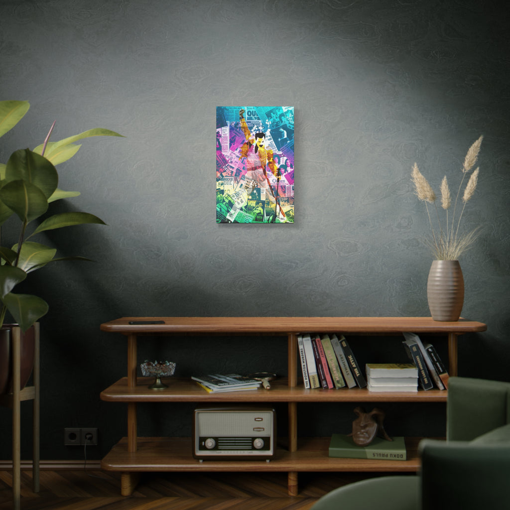 The Showman medium canvas above a wooden bookshelf, teal-to-pink music collage of a performer mid-show