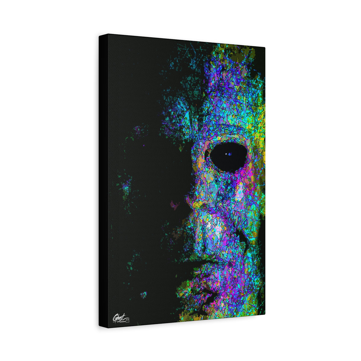 Stalk at Night, Neon Edition canvas, angled side view: pale mask sketched in fine lines with neon blue, violet and pink