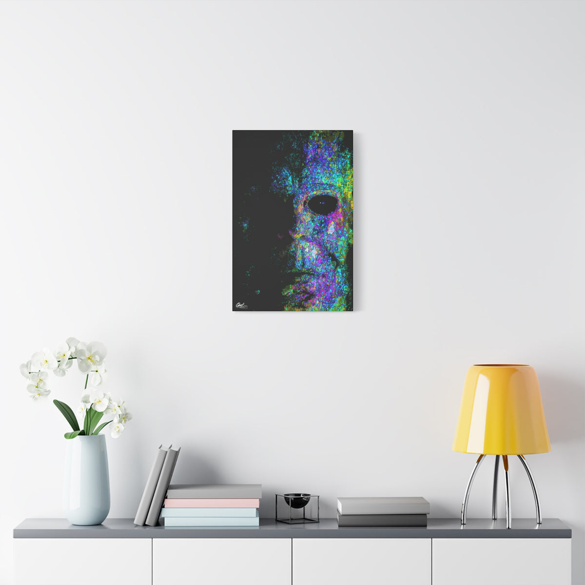 Stalk at Night, Neon Edition medium canvas over a console with white flowers, half-shadowed mask in colorful sketch lines