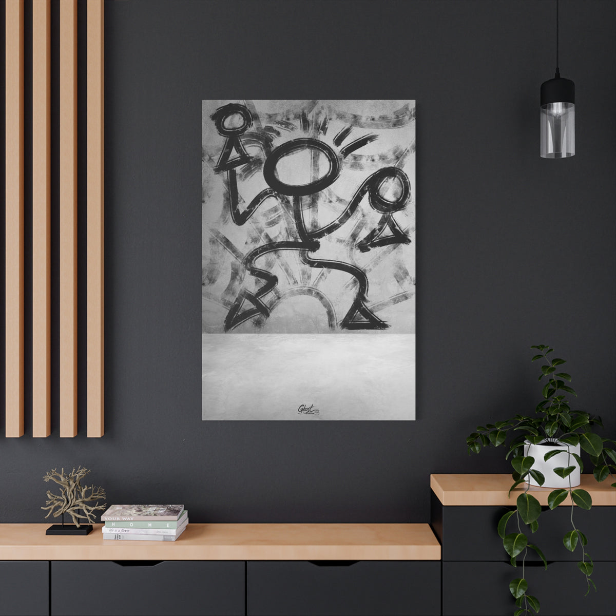 Trapped large canvas on a charcoal wall by wood slats, black-and-white brushstroke figure pressing against invisible walls