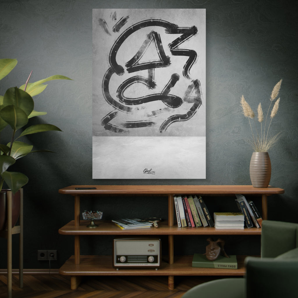 All Nature oversized canvas above a wooden bookshelf, sweeping black gestural brushstrokes on a light ground