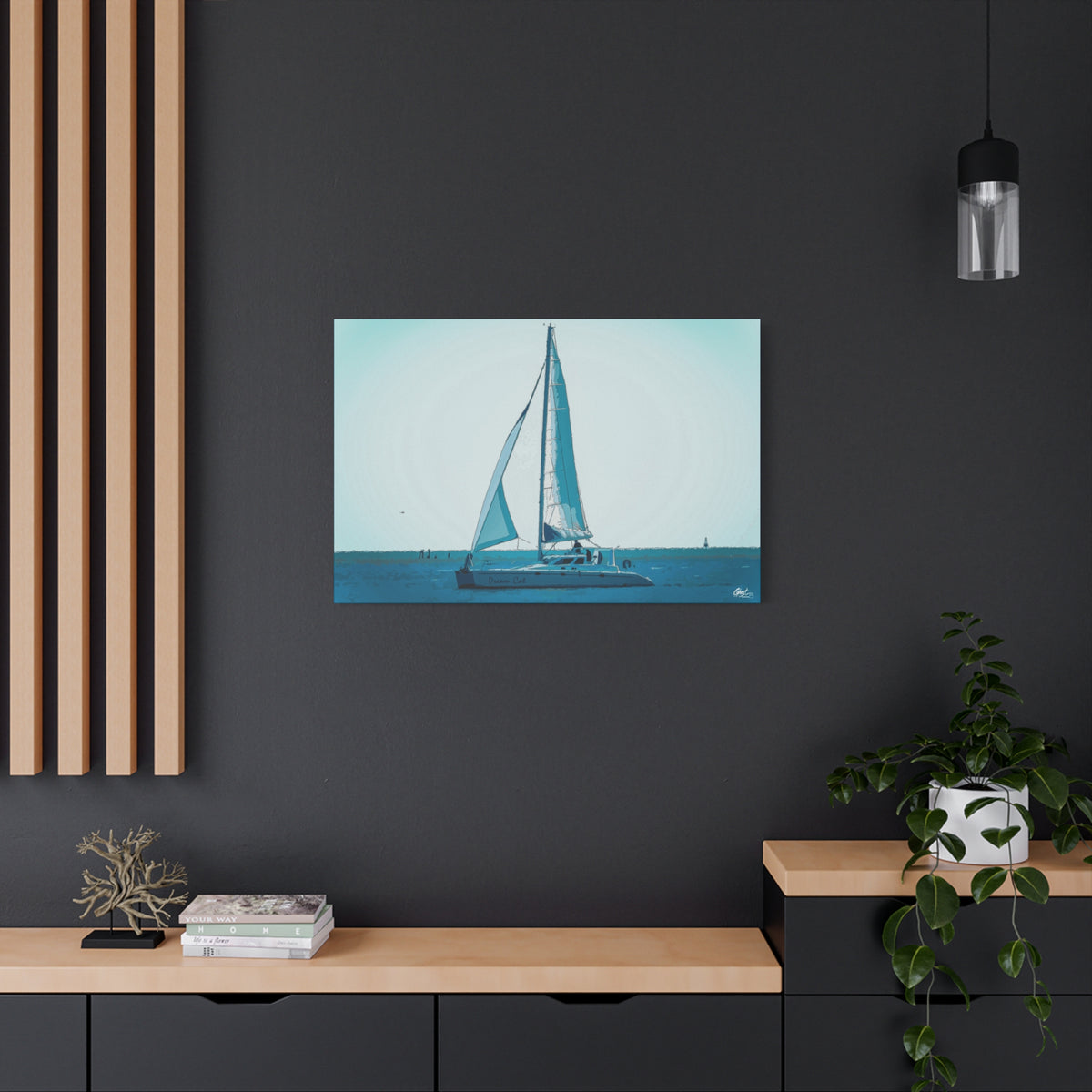 Freedom Sailing large canvas on a charcoal wall by wood slats, lone sailboat on soft aqua and teal water