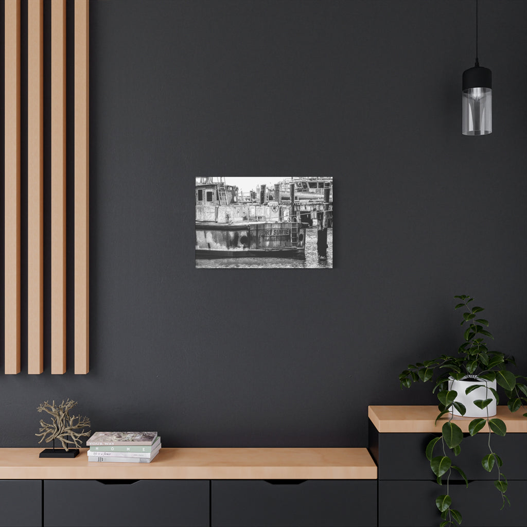 Fort Sumter Original medium canvas on a charcoal wall by wood slats, weathered harbor boat sketched over in pen