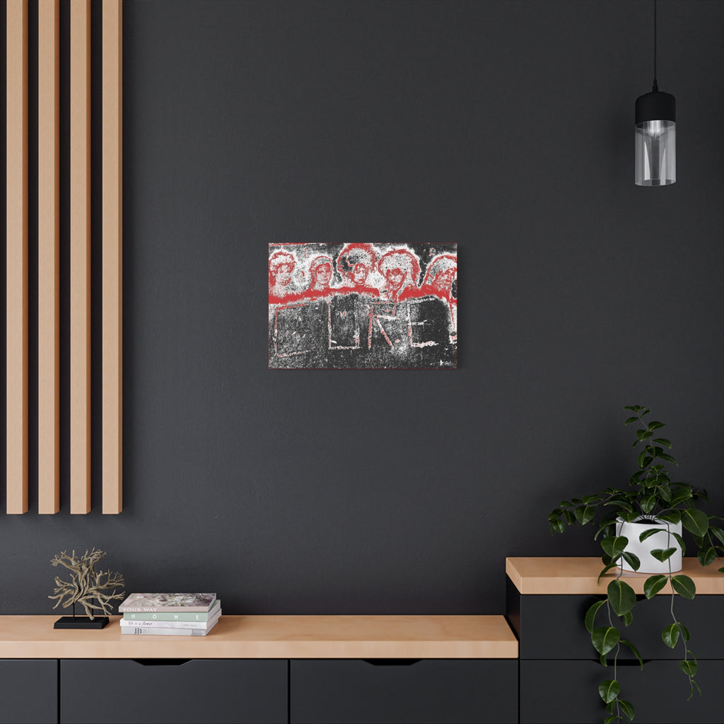 Lowcountry Medicine medium canvas on a charcoal wall over an oak shelf, distressed red, black and white grunge lettering on concrete