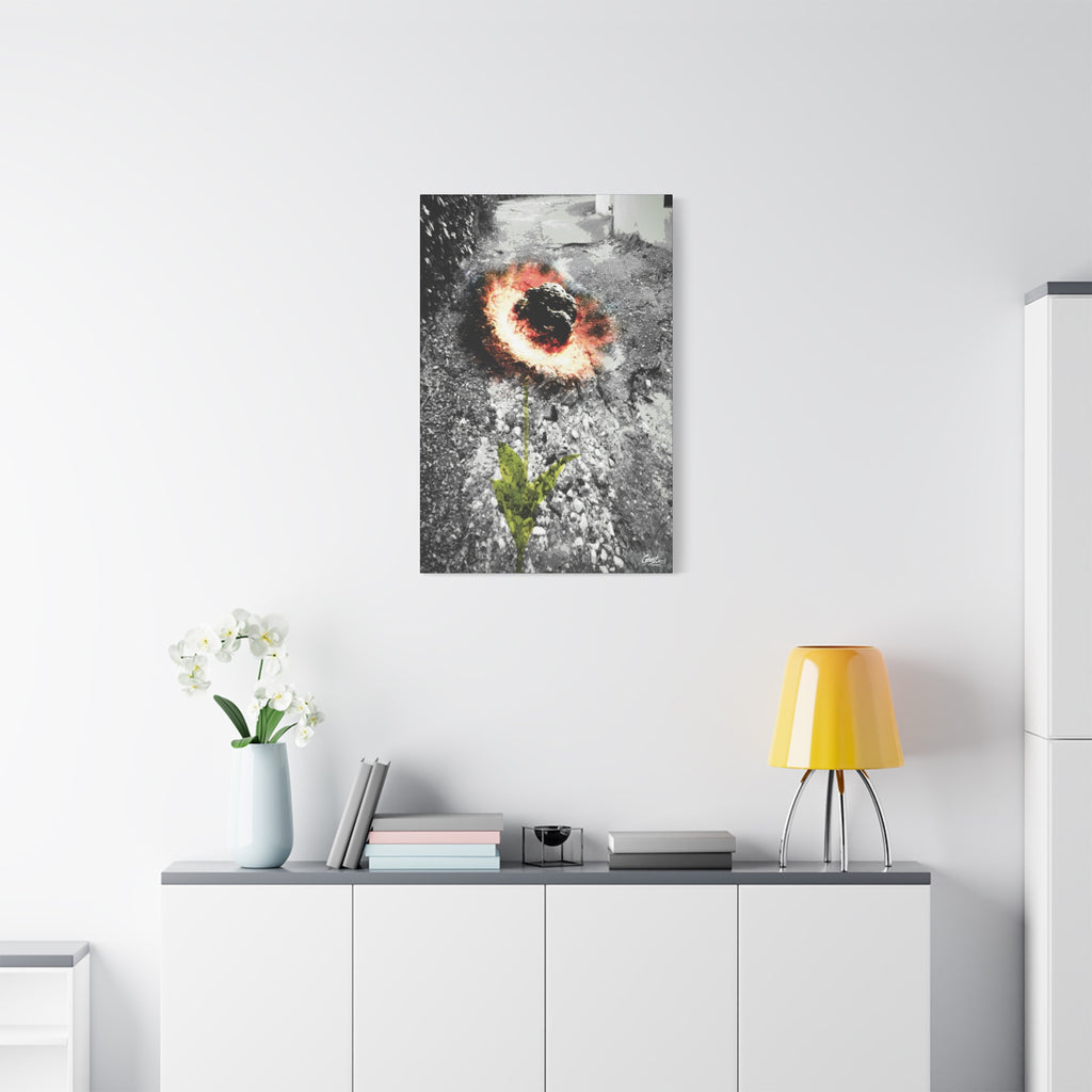Meteor Flower canvas above a white sideboard and yellow lamp, pothole crater ringed in orange, red and yellow like a flower