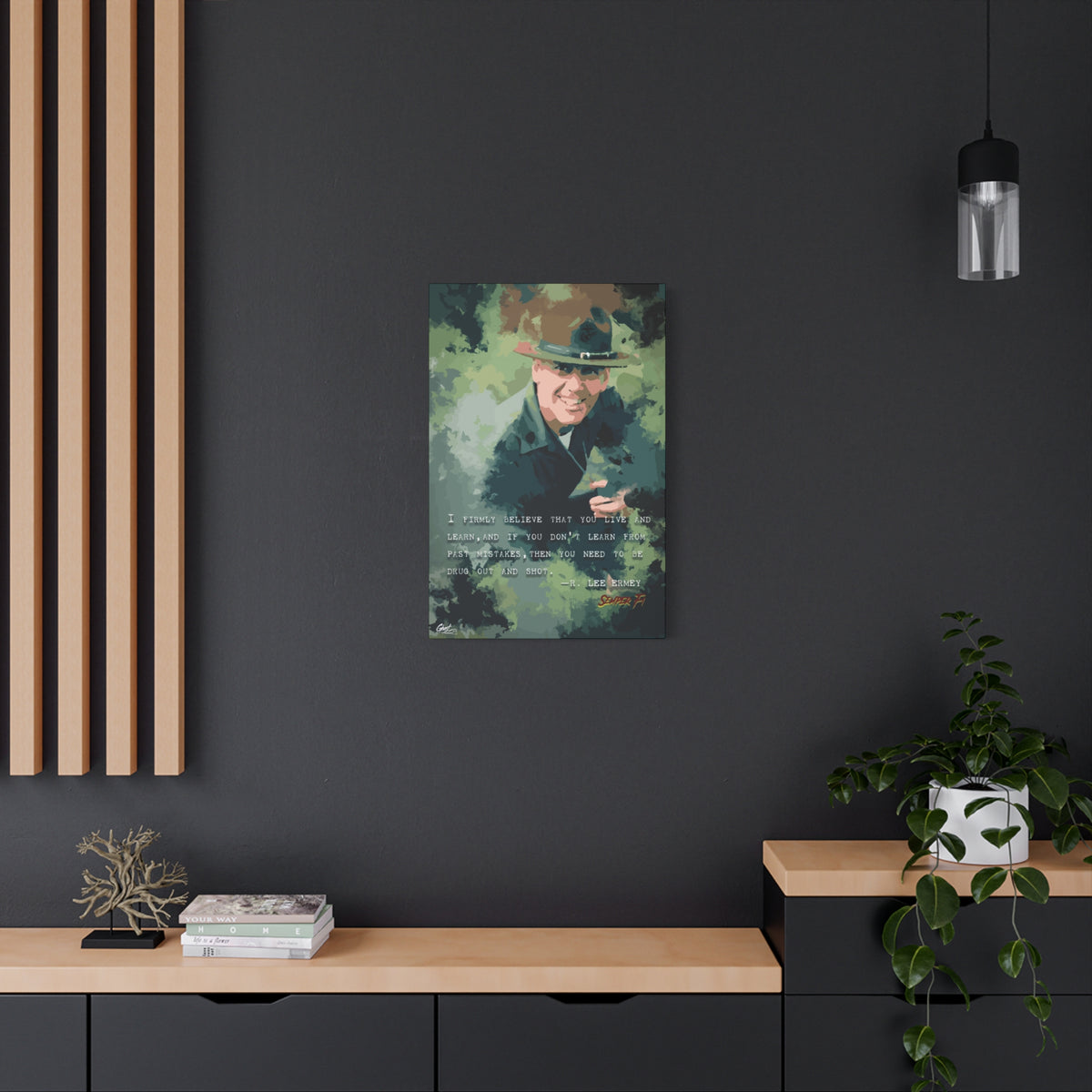 Live and Learn medium canvas on a charcoal wall by wood slats, painterly drill instructor portrait in camo greens