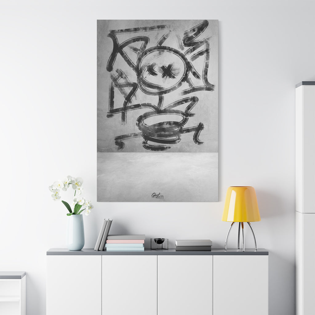 Going Crazy oversized canvas on a white wall over a sideboard, spiraling charcoal-style abstract in black and white