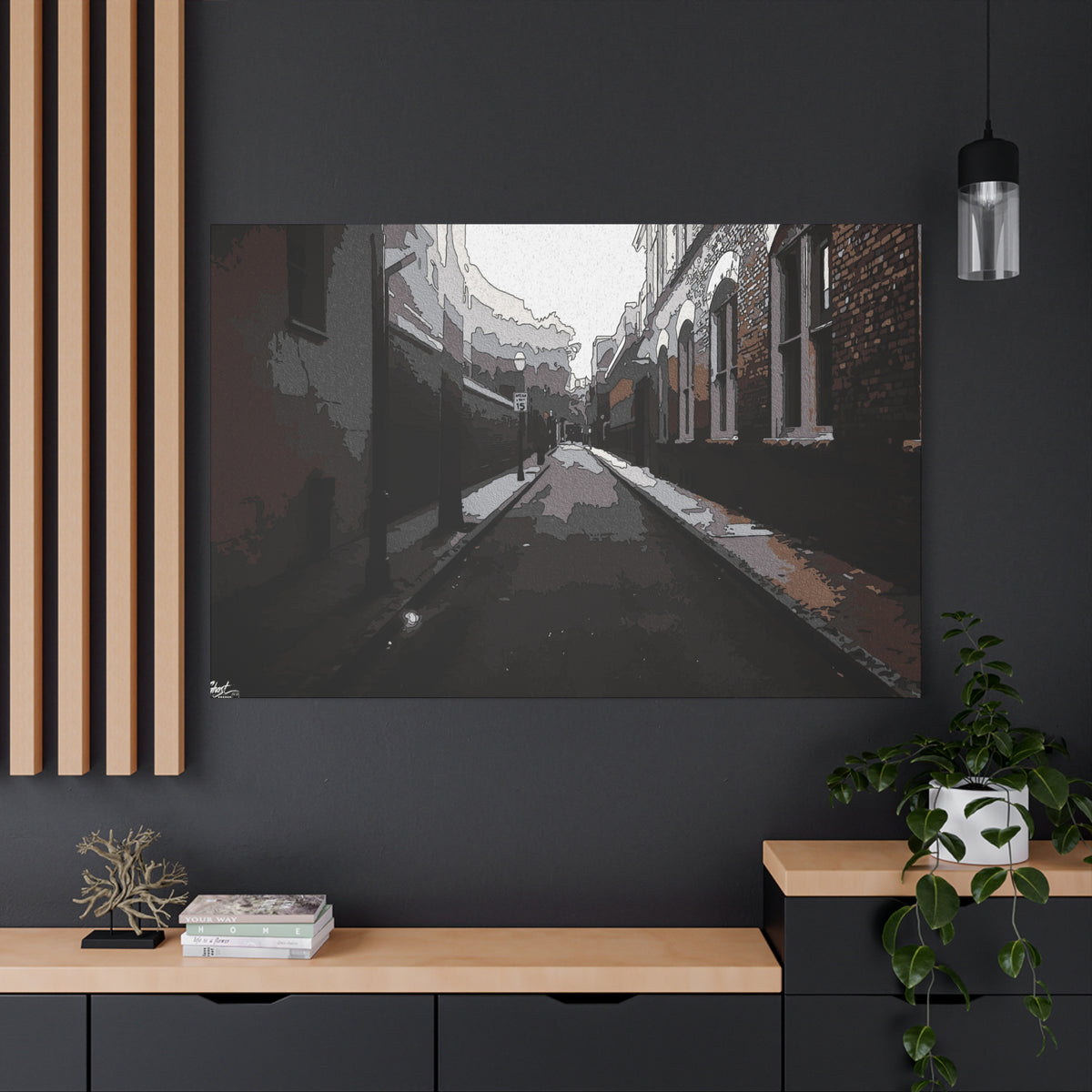 Charleston One Way large canvas on a charcoal wall by wood slats, moody alley with old brick walls and long shadows
