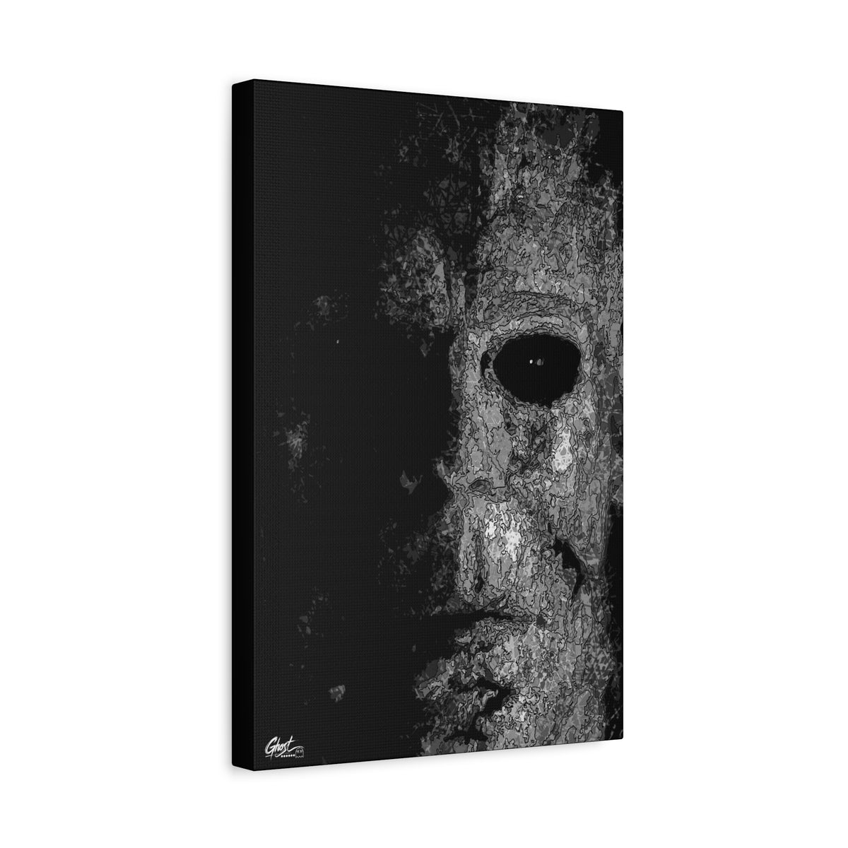 Stalk at Night canvas, angled view of the gallery-wrapped edge: pale mask in black-and-white pen sketch, half in shadow