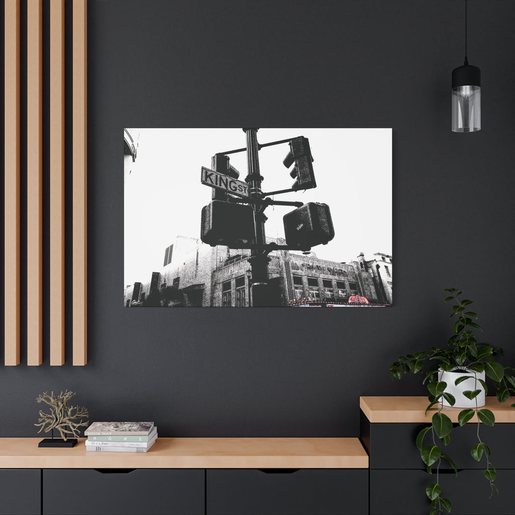 King St large canvas on a charcoal wall by wood slats, black-and-white King Street signals and the Riviera Theatre