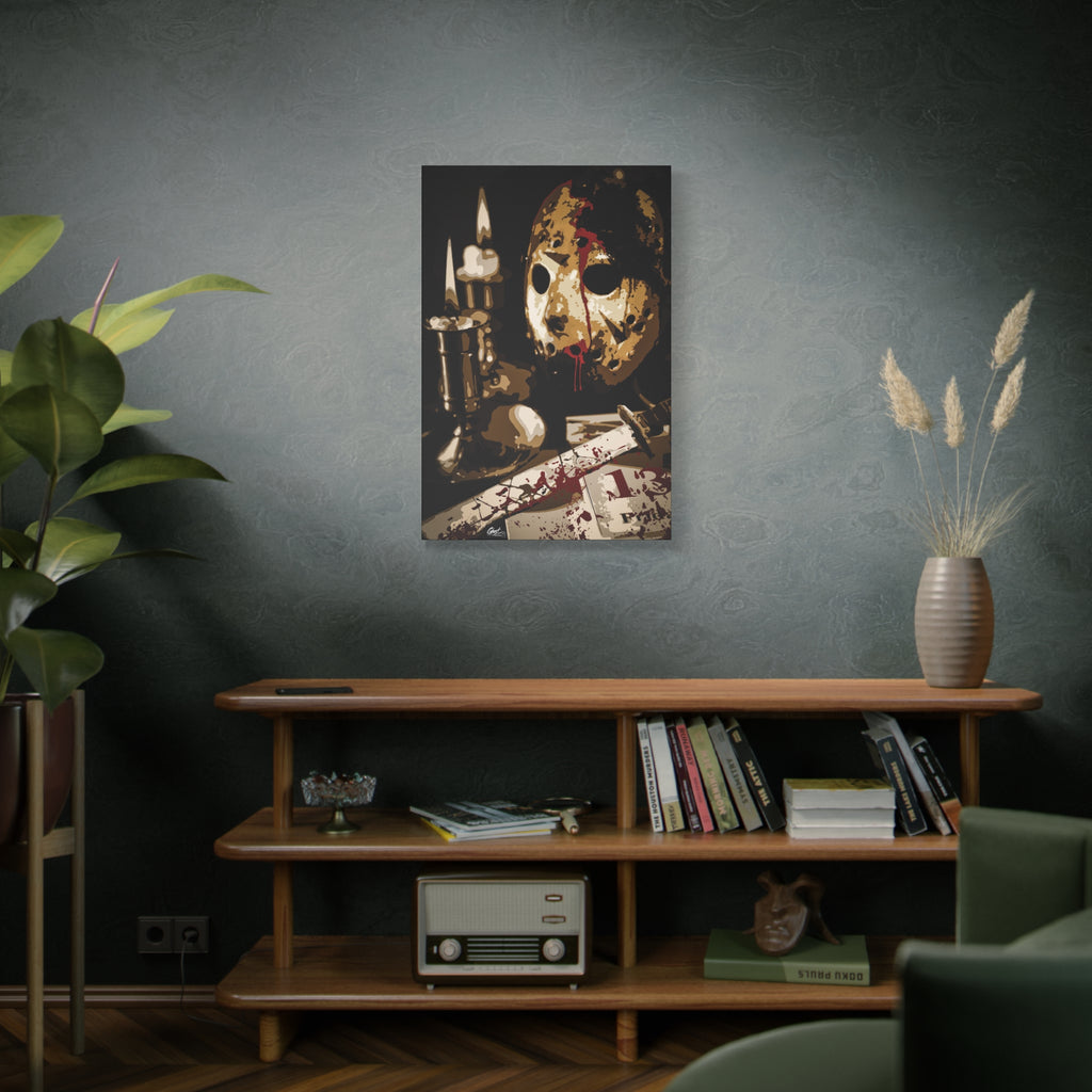Off the Clock large canvas above a wooden bookshelf, bloodied hockey mask beside lit candles and a machete