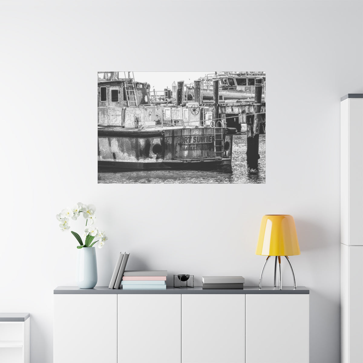 Fort Sumter Original large canvas on a white wall over a sideboard, weathered harbor boat sketched over in pen
