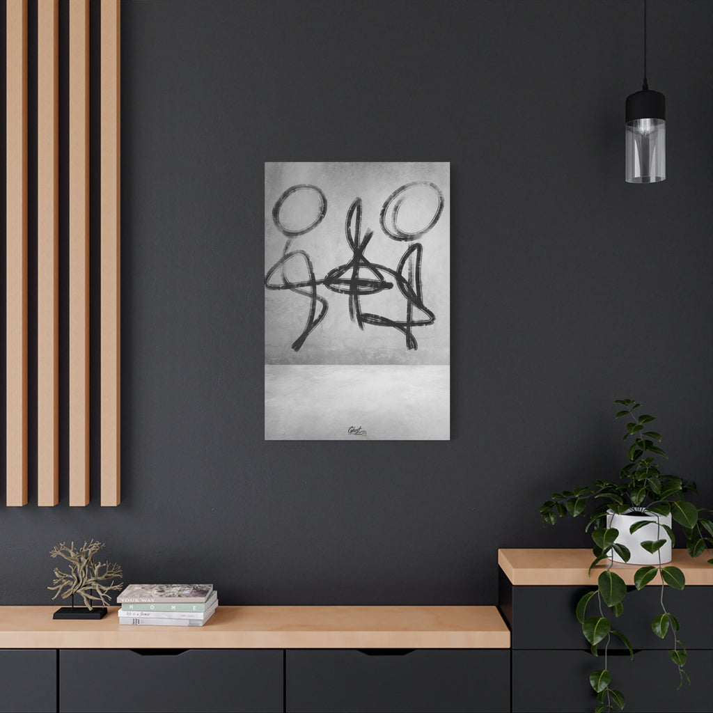 Infinity canvas on a charcoal wall by wood slats, looping black-and-white brushstroke figures in balance